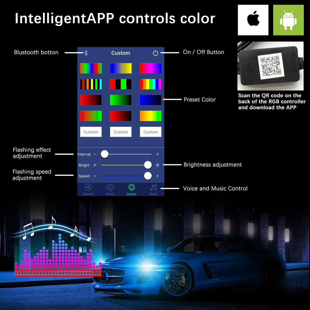 RGB LED Headlight Bulbs Conversion Kit Control by Bluetooth Smartphone App - Autolizer