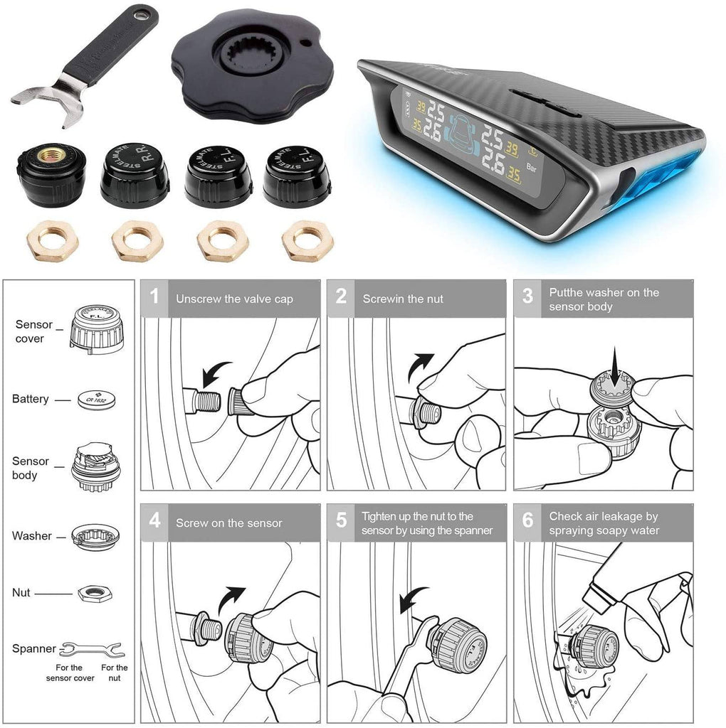 STEEL MATE Tire Pressure Monitoring System for RV Car - Solar Charge, Carbon Fiber Appearance, Auto Backlight & Sleep & Awake Mode - Autolizer