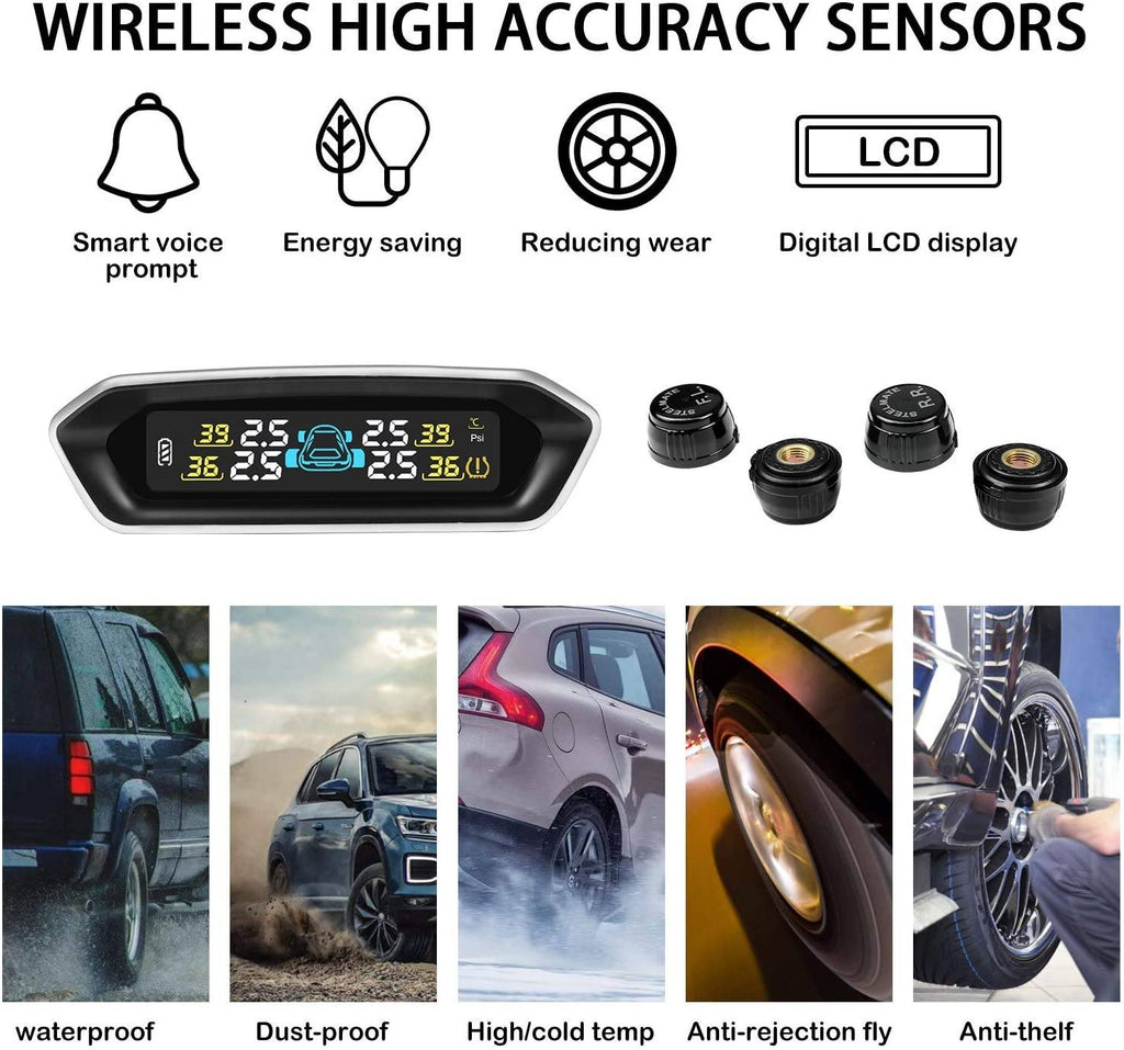 STEEL MATE Tire Pressure Monitoring System for RV Car - Solar Charge, Carbon Fiber Appearance, Auto Backlight & Sleep & Awake Mode - Autolizer