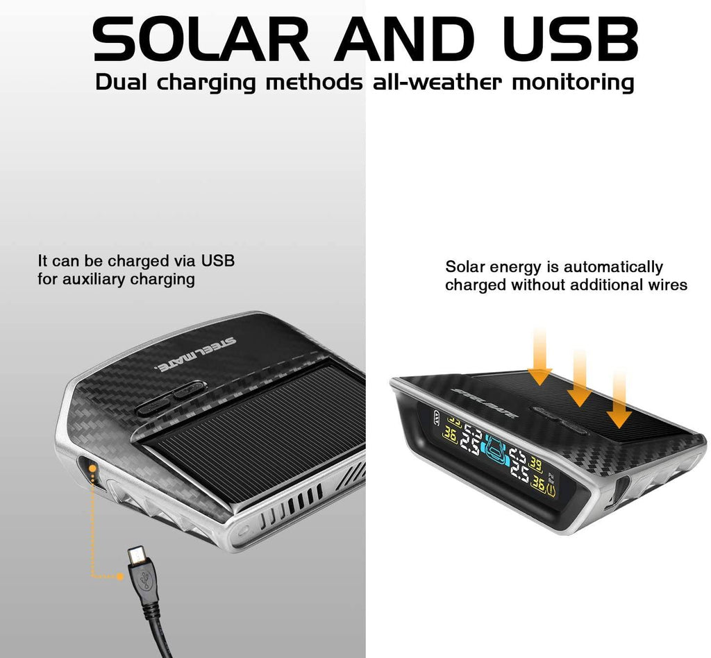 STEEL MATE Tire Pressure Monitoring System for RV Car - Solar Charge, Carbon Fiber Appearance, Auto Backlight & Sleep & Awake Mode - Autolizer