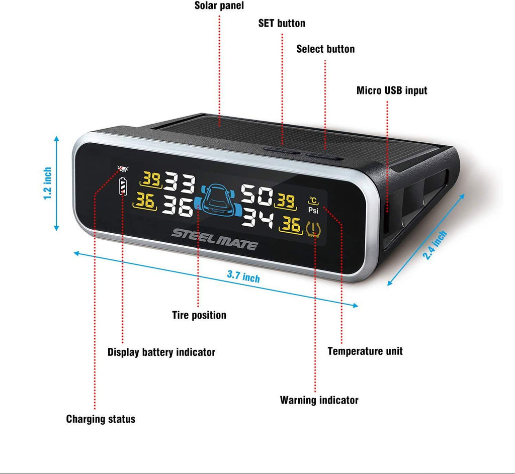 STEEL MATE Wireless TPMS Monitor Solar Power Tire Pressure Monitoring System - Autolizer