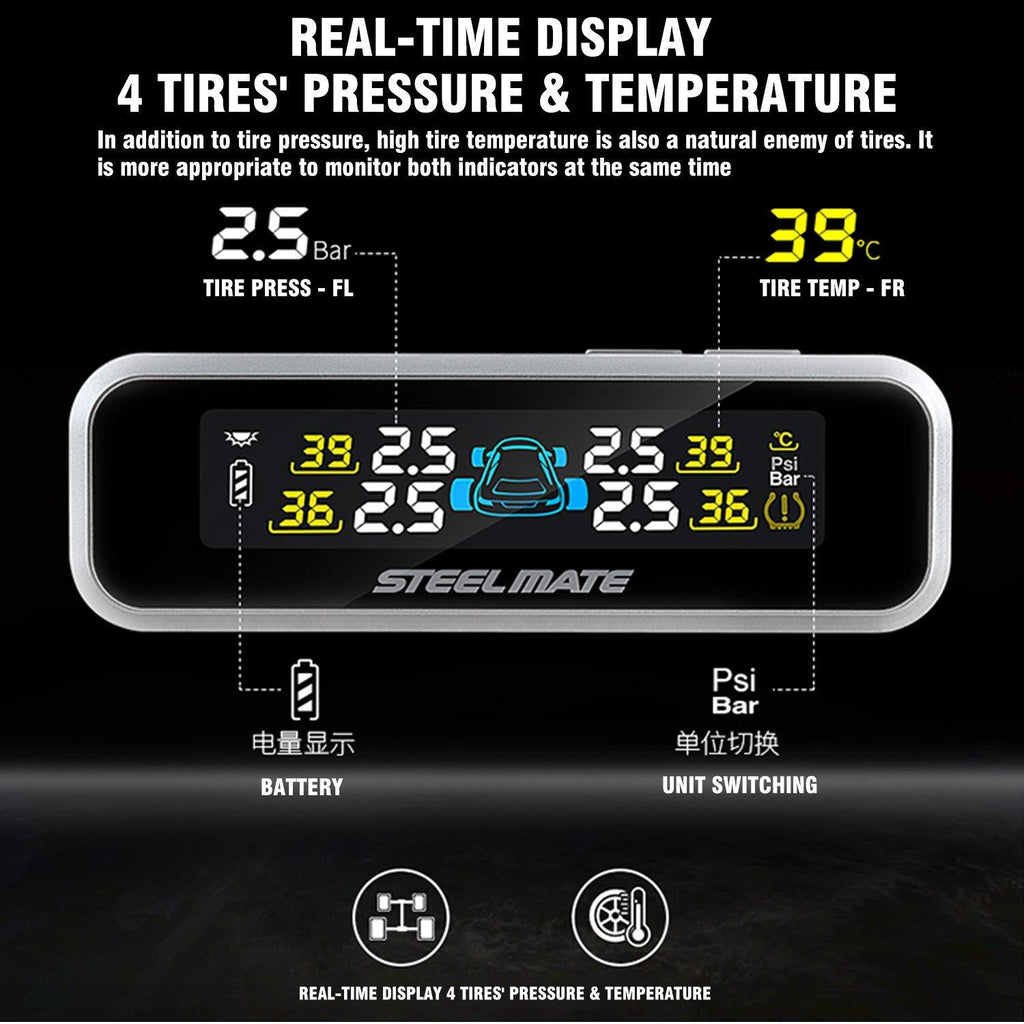 STEEL MATE Wireless TPMS Monitor Solar Power Tire Pressure Monitoring System - Autolizer